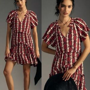 Anthropologie Robin Tiered Mini dress red patterned size M
